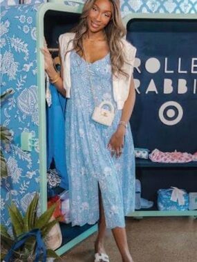Roller Rabbit x Target Women’s Floral Vines Midi A-Line Blue Dress NWT Large
